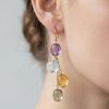 Angel Falls cascade earrings 14ct gold with natural amethyst, blue topaz, citrine and lemon quartz worn on model