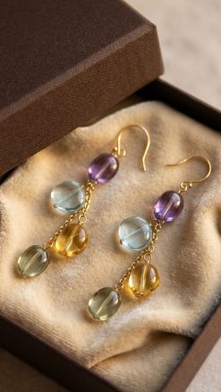 Angel Falls 14ct gold gemstone dangle earrings with amethyst topaz citrine quartz displayed in luxury gift box