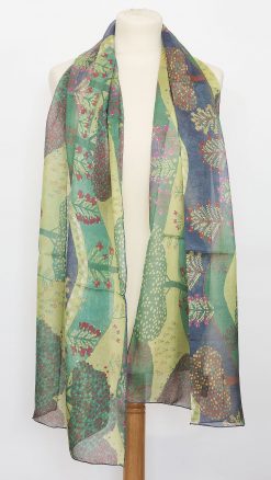 Thea Porter Lebanon silk scarf worn long on mannequin showing full length silk chiffon design