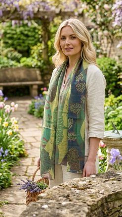 Woman wearing Thea Porter Lebanon silk scarf in sheer green chiffon styled in a garden setting