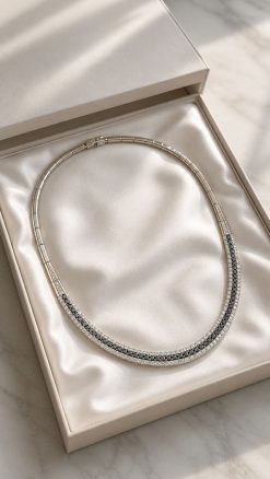 Black and white diamond necklace presented in luxury jewellery gift box