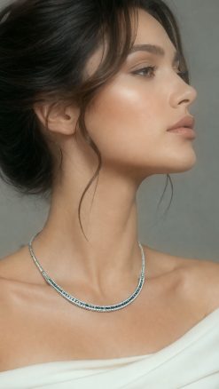 Black and white diamond necklace in gold worn on model, contemporary 3.09ct statement design