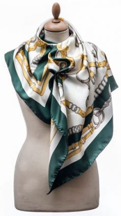 New Annata Cavaliere Silk Scarf Designer Collection from Lake Como, Italy: Snaffle and Stirrups in green and gold