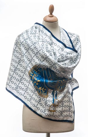 New Annata Cavaliere Silk Scarf Designer Collection from Lake Como, Italy: Bridoon and Saddle in blue, gold and silver