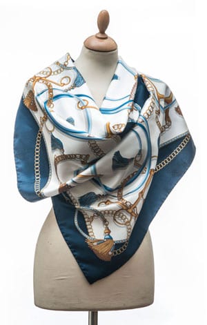New Annata Cavaliere Silk Scarf Designer Collection from Lake Como, Italy: Double Bridle in navy, sky, gold and silver