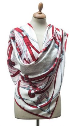 New Annata Cavaliere Silk Scarf Designer Collection from Lake Como, Italy: Spur and Snaffle in red, pink and silver