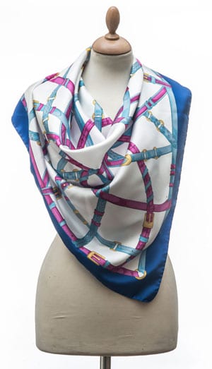 New Annata Cavaliere Silk Scarf Designer Collection from Lake Como, Italy: Strap and Buckle in blues and magenta