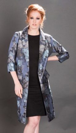 New silvery blue jacquard Ava Coat in Moonlight Rose brocade from the Blue For You Collection by Nancy Mac