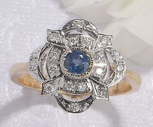 The Heritage Collection: Elegant Art Deco style blue sapphire and diamond ring set in 18ct white gold