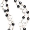 Elegant long Fontana designer necklace of black onyx, natural crystal and pearls with sterling silver