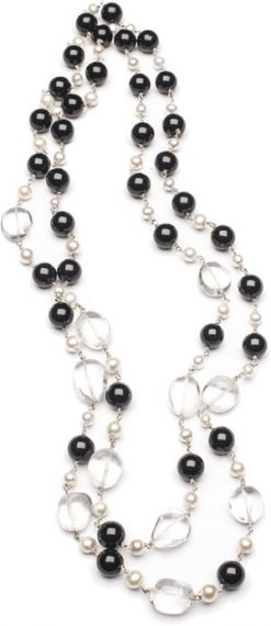 Elegant long Fontana designer necklace of black onyx, natural crystal and pearls with sterling silver