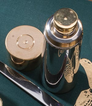 Smart English pewter and brass shotgun cartridge flask from the English Pewter Company: 4oz
