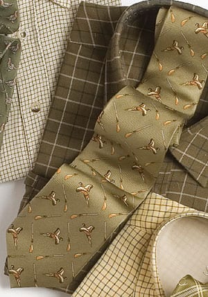 Flying duck and shotguns on olive pure silk tie
