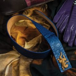 Gorgeous Edessa Iguana Belt in embossed blue leather, by Sassy Queen
