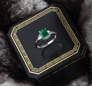 Fabulous emerald cut emerald and 18ct gold Thalassa Ring from Hatton Garden