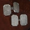 English craftsman-made sterling silver cufflinks: rectangular line-grid design, emerald-cut