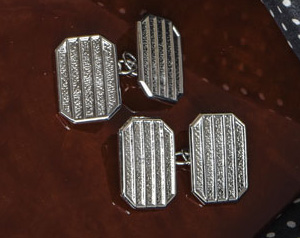 English craftsman-made sterling silver cufflinks: rectangular line-grid design, emerald-cut