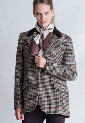 The New British Heritage: Richmond Jacket in handwoven pure wool Harris Tweed houndstooth with velvet trim