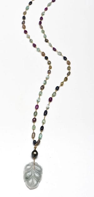 The new name in jewellery: the precious sautoir: the Isadora in natural jade, Tahitian black pearl, ruby, emerald and sapphire