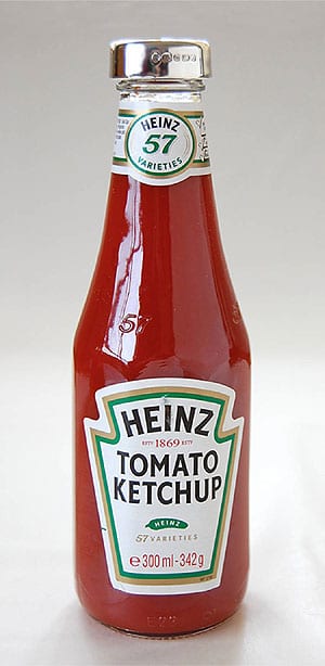 English sterling silver-lidded Heinz Tomato Ketchup: standard 342g bottle