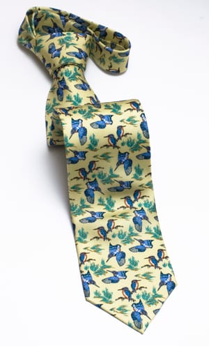 Pure silk blue kingfisher tie on lemon