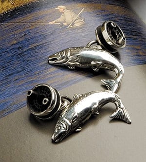 Leaping Salmon and Reel English Sterling Silver Cufflinks