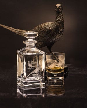 Royal Brierley Hand Engraved Crystal Decanter and Tumbler: Pheasant