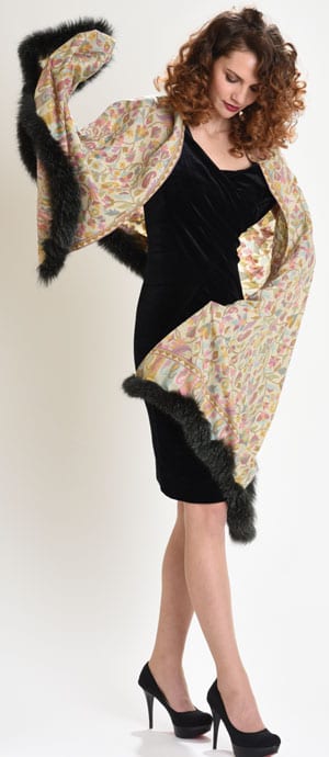 New Symphony Collection of fine merino shawls trimmed with fox fur: the Pastorale