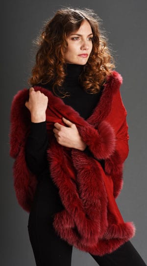 New Symphony Collection of fine merino shawls trimmed with fox fur: the Jupiter