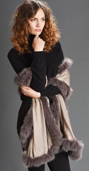 New Symphony Collection of fine merino shawls trimmed with fox fur: the Allegro