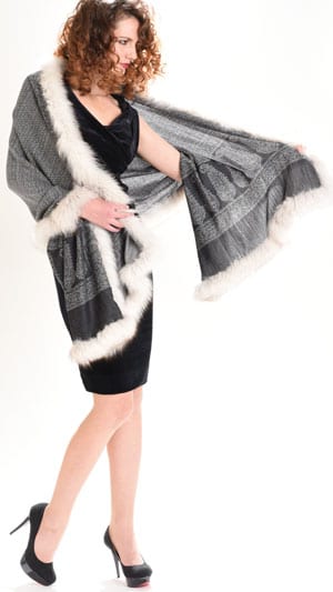 New Symphony Collection of fine merino shawls trimmed with fox fur: the Arabescata