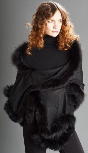 New Symphony Collection of fine merino shawls trimmed with fox fur: the Mystica