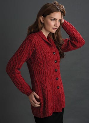 Shawl collar waisted Aran style cardigan-jacket in merino wool