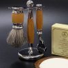 New Mach III razor and badger brush shaving set in light wood