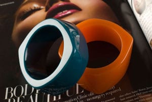 Eye-popping arm candy: toffee and teal bangles