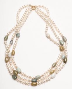 Contemporary new three-strand natural pearl, jade and 14ct gold designer necklace