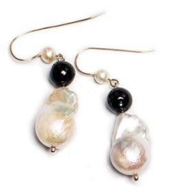 Sweet Cecile natural baroque pearl, onyx and sterling silver earrings