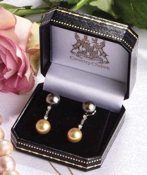 Gorgeous natural South Sea gold pearl, Tahitian black pearl, diamond and gold Chartres Earrings