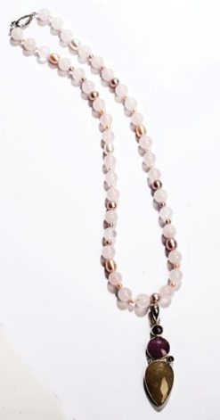 The Calleja Necklace in rose quartz, pearl, agate and silver: subtle and oh so chic