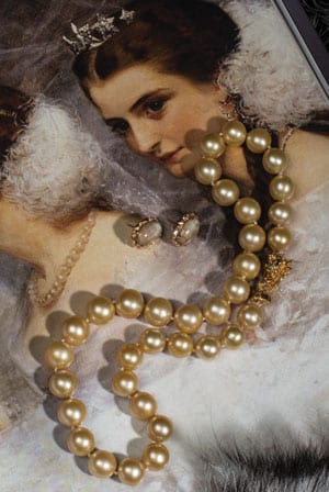 Natural golden South Sea pearl and 14ct gold and ruby Opera Necklace