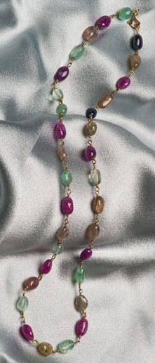 Paris Necklace in rubies, emeralds, sapphires and gold: Matinee length (22in)