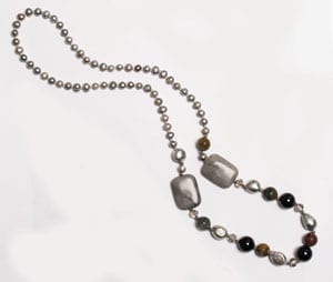 Shades of grey in the smart new Ricci Necklace in pearl, agate and crystal