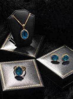 New Hatton Garden Collection: Top quality Blue Topaz and Diamond Earring and Pendant Set in 18ct white gold