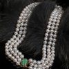Elegant three-strand pearl and carved vintage Burmese jade necklace
