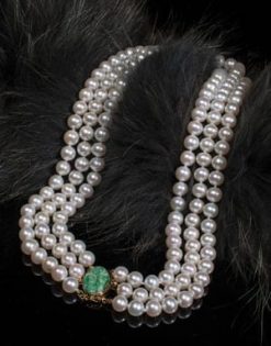 Elegant three-strand pearl and carved vintage Burmese jade necklace
