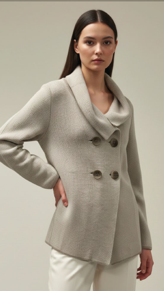 Italian double-breasted cardigan-jacket for unstructured elegance and ease: the perfect balance between femininity and finesse