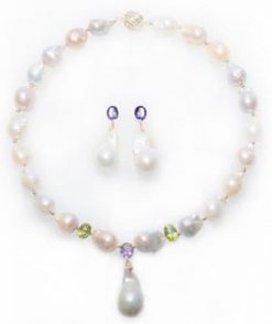 La Gioconda Baroque Pearl, Diamond, Amethyst, Peridot and 14ct Gold Necklace