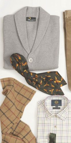 Pure silk twill self-tie cravat sporting flying pheasants on a green ground
