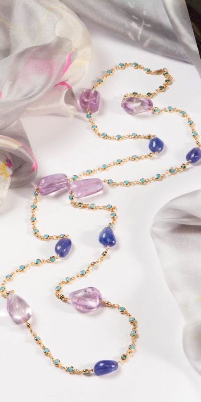 Precious tanzanite gemstones with amethyst, turquoise and gold: a sophisticated and original 40in designer necklace of natural beauty