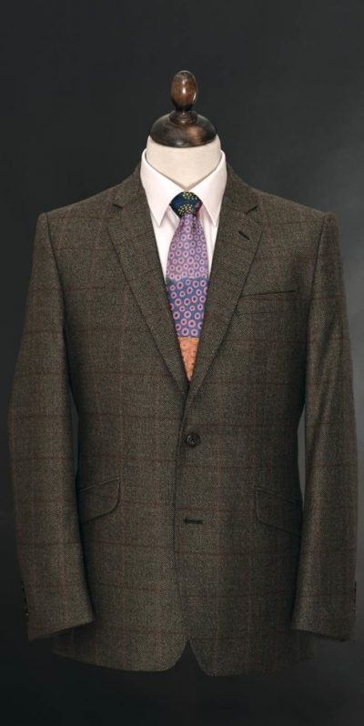 Magee of Donegal: best price for this beautifully tailored pure wool Donegal Tweed Jacket by Magee in an elegant shade of olive green with subtle claret and salmon overcheck